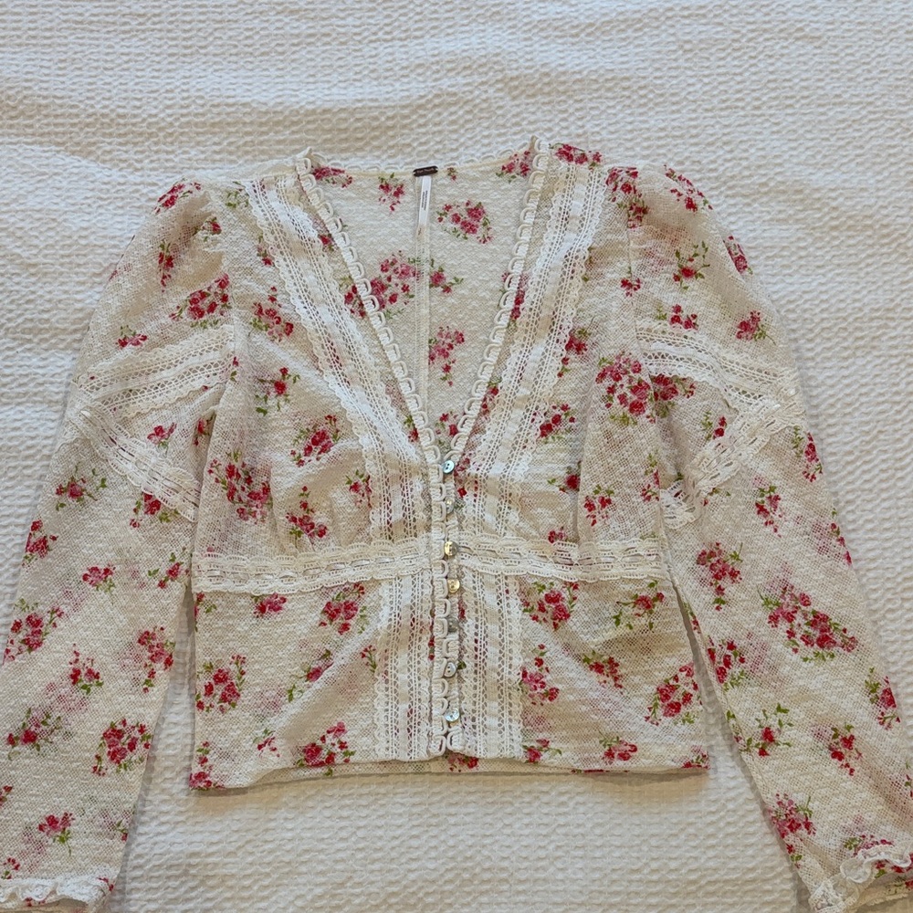 Free People Kika Lace Print Top with red/pink floral detailing